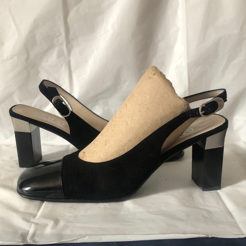 Chanel black suede & black patent toe cap sling back block heel 4” EUC size 7.5